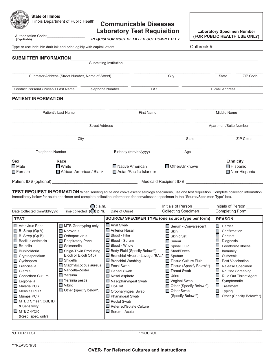 Form IL482-1039 Communicable Diseases Laboratory Test Requisition - Illinois, Page 1