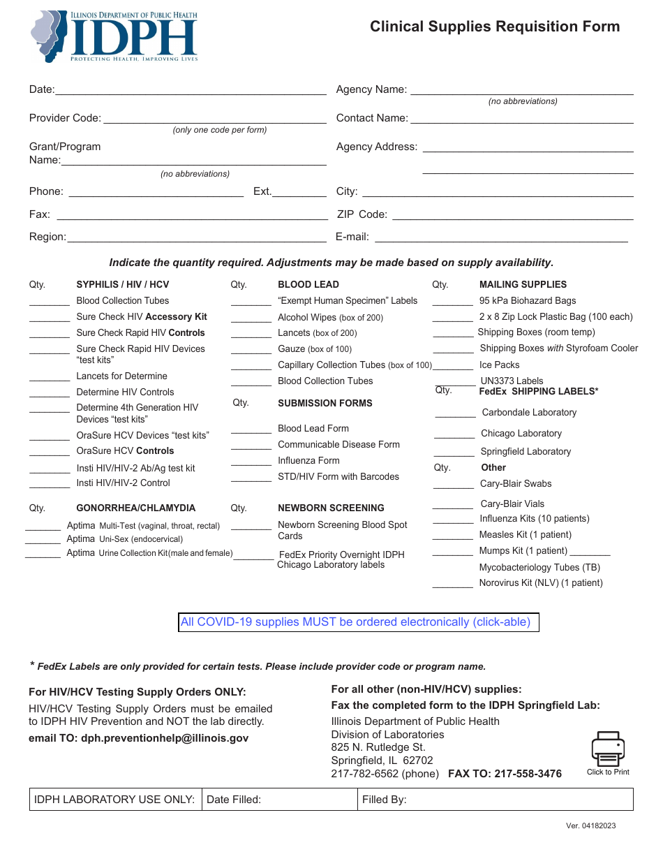 Clinical Supplies Requisition Form - Illinois, Page 1