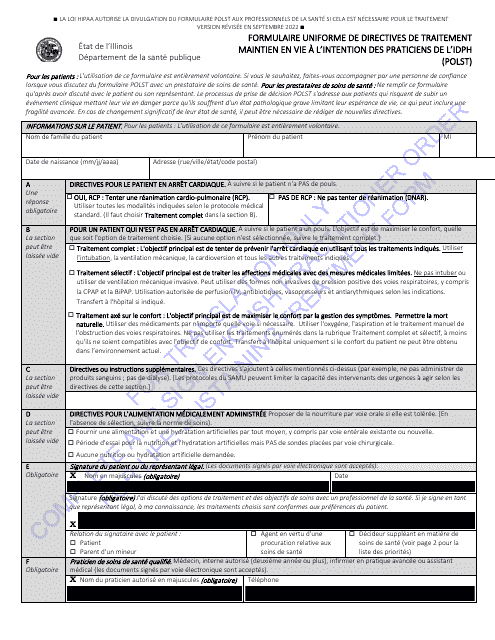 Idph Uniform Practitioner Order for Life-Sustaining Treatment (Polst) Form - Illinois (English/French)