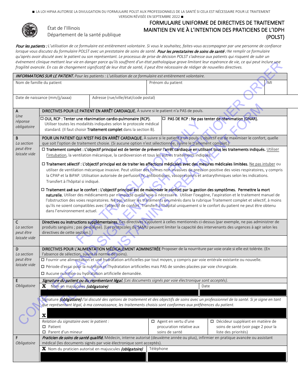 Idph Uniform Practitioner Order for Life-Sustaining Treatment (Polst) Form - Illinois (English / French), Page 1