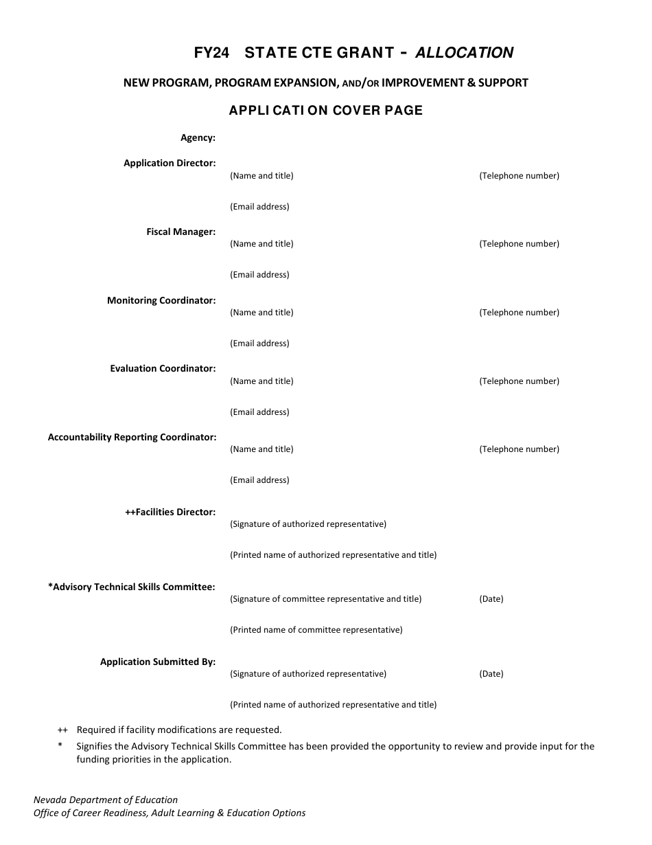 State Cte Grant Application Cover Page - Nevada, Page 1
