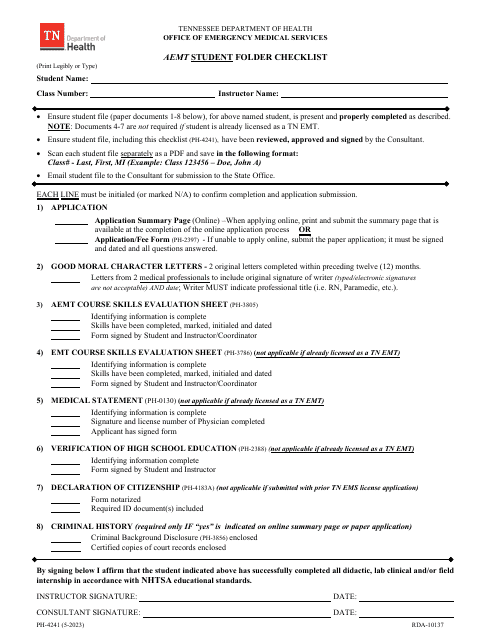 Form PH-4241 Aemt Student Folder Checklist - Tennessee