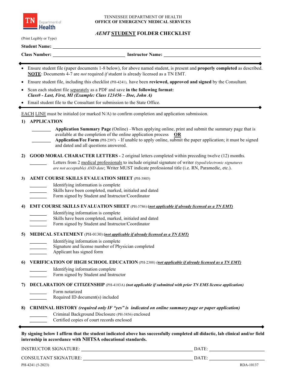 Form PH-4241 Aemt Student Folder Checklist - Tennessee, Page 1
