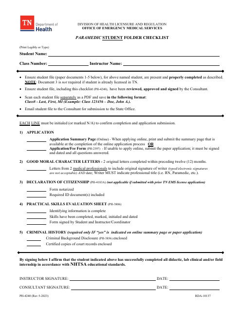 Form PH-4240 Paramedic Student Folder Checklist - Tennessee