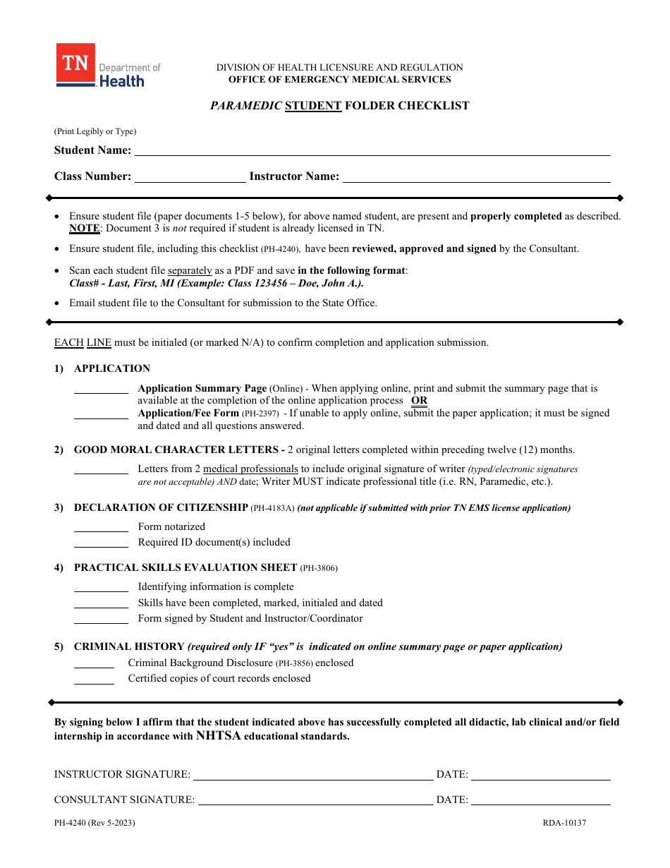 Form PH-4240 Paramedic Student Folder Checklist - Tennessee, Page 1