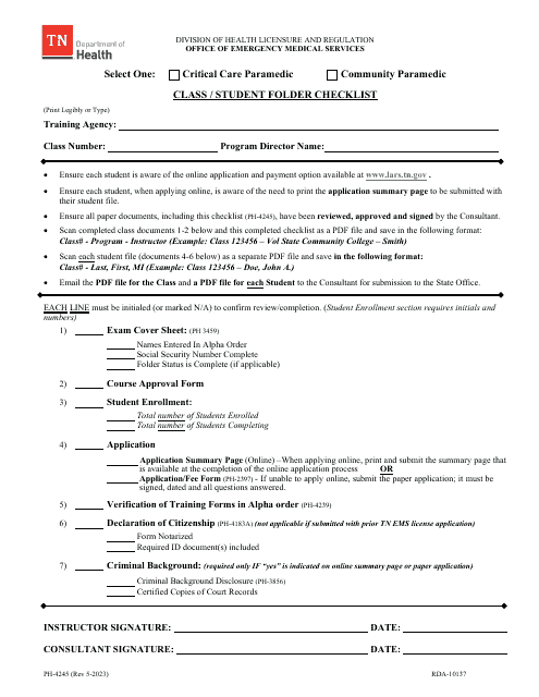 Form PH-4245 Class/Student Folder Checklist - Tennessee