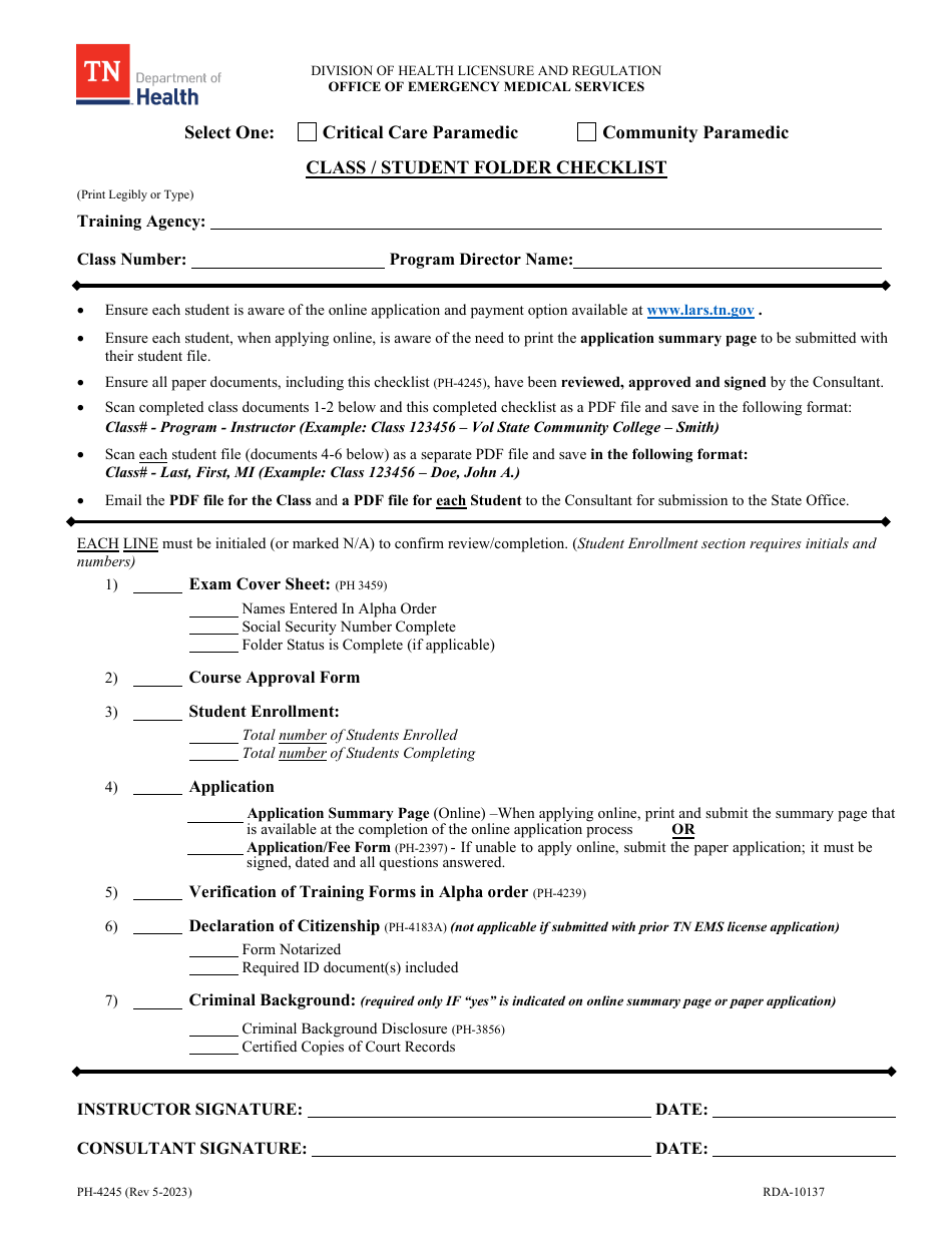 Form PH-4245 Class / Student Folder Checklist - Tennessee, Page 1