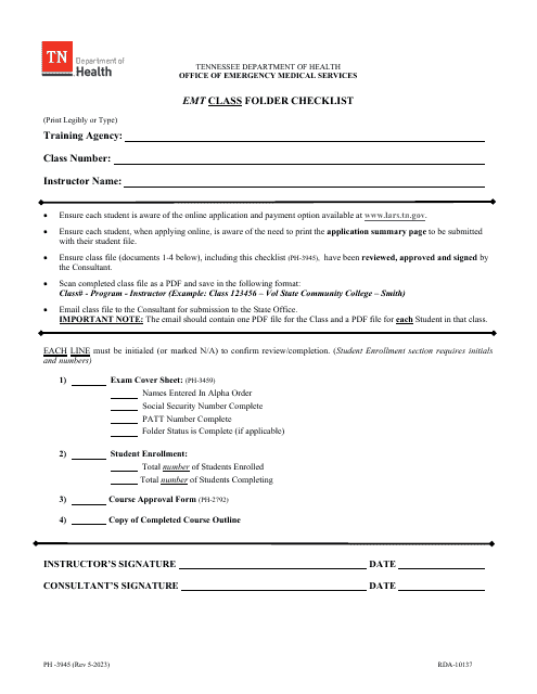Form PH-3945 Emt Class Folder Checklist - Tennessee