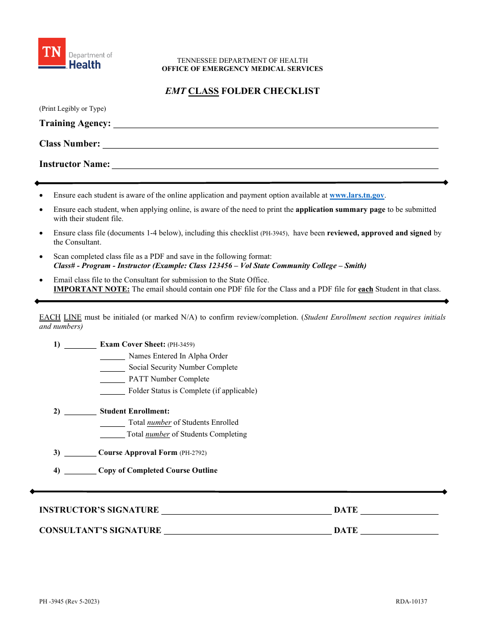Form PH-3945 Emt Class Folder Checklist - Tennessee, Page 1