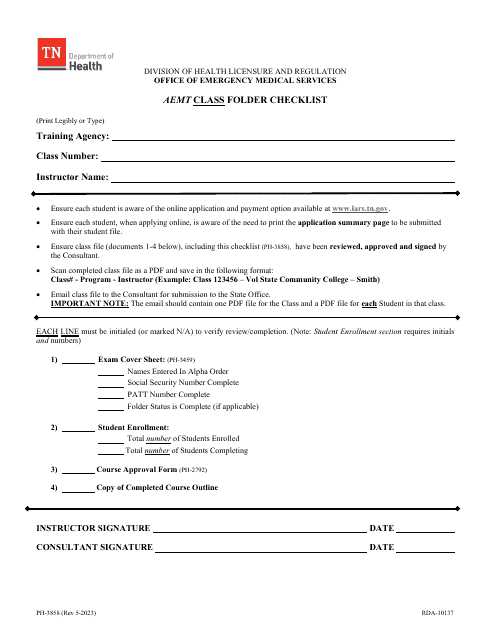 Form PH-3858 Aemt Class Folder Checklist - Tennessee