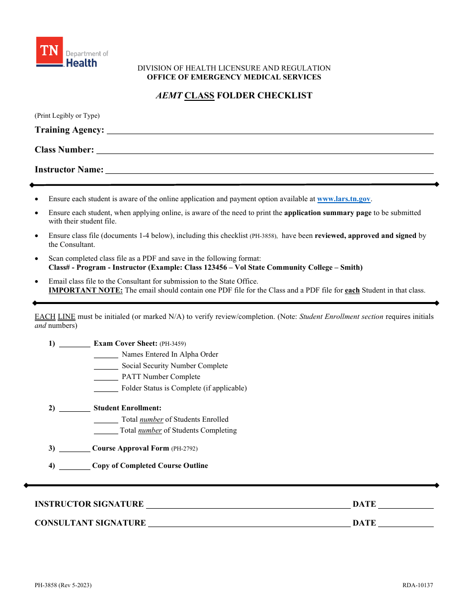 Form PH-3858 Aemt Class Folder Checklist - Tennessee, Page 1