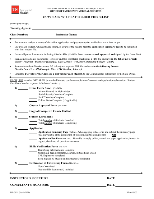 Form PH-3855 Emr Class/Student Folder Checklist - Tennessee