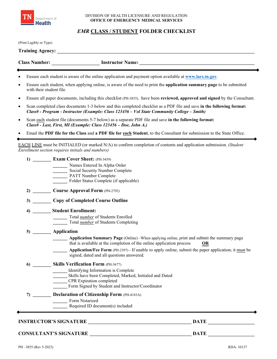 Form PH-3855 Emr Class / Student Folder Checklist - Tennessee, Page 1