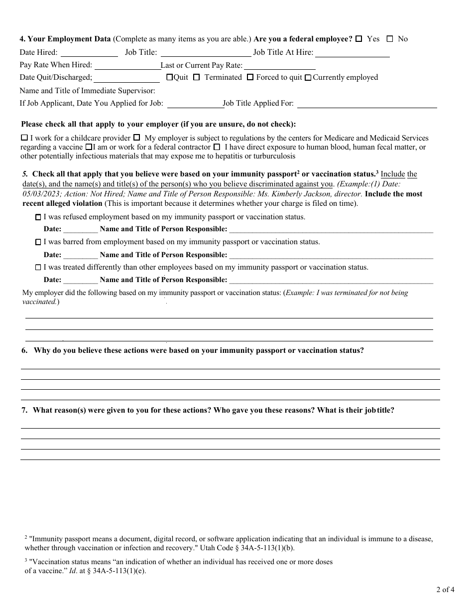 Vaccine Passport Prohibition Intake Questionnaire - Utah, Page 2