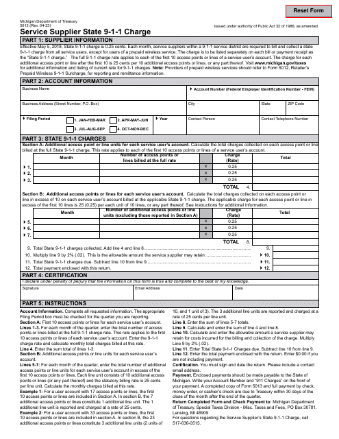 Form 5013 Service Supplier State 9-1-1 Charge - Michigan