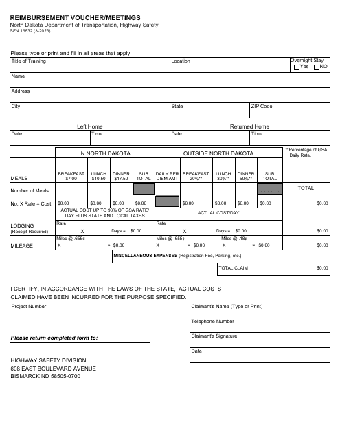 Form SFN16632 Reimbursement Voucher/Meetings - North Dakota