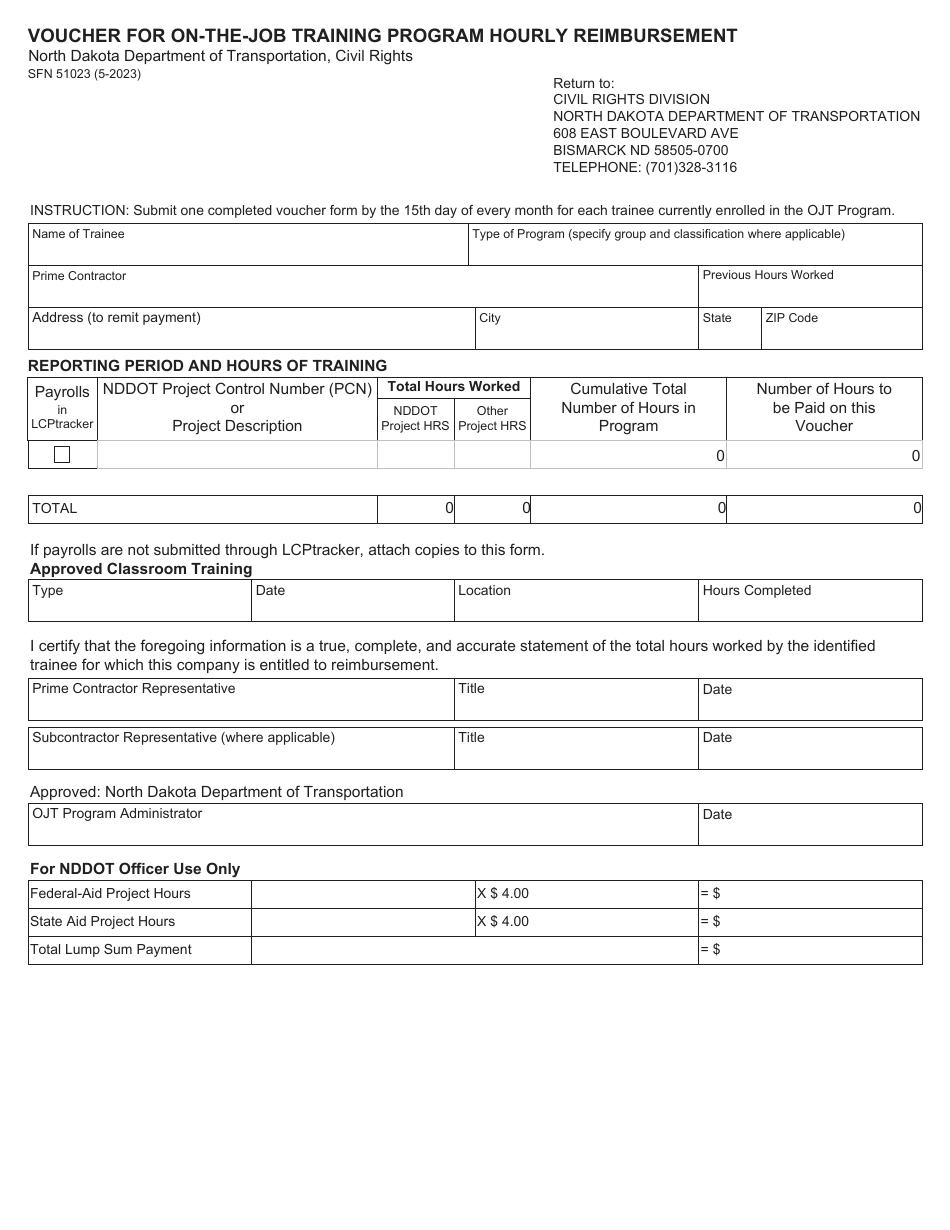 Form SFN51023 Voucher for on-The-Job Training Program Hourly Reimbursement - North Dakota, Page 1