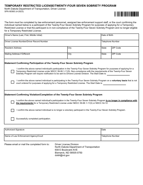 Form SFN60363 Temporary Restricted License/Twenty-Four Seven Sobriety Program - North Dakota