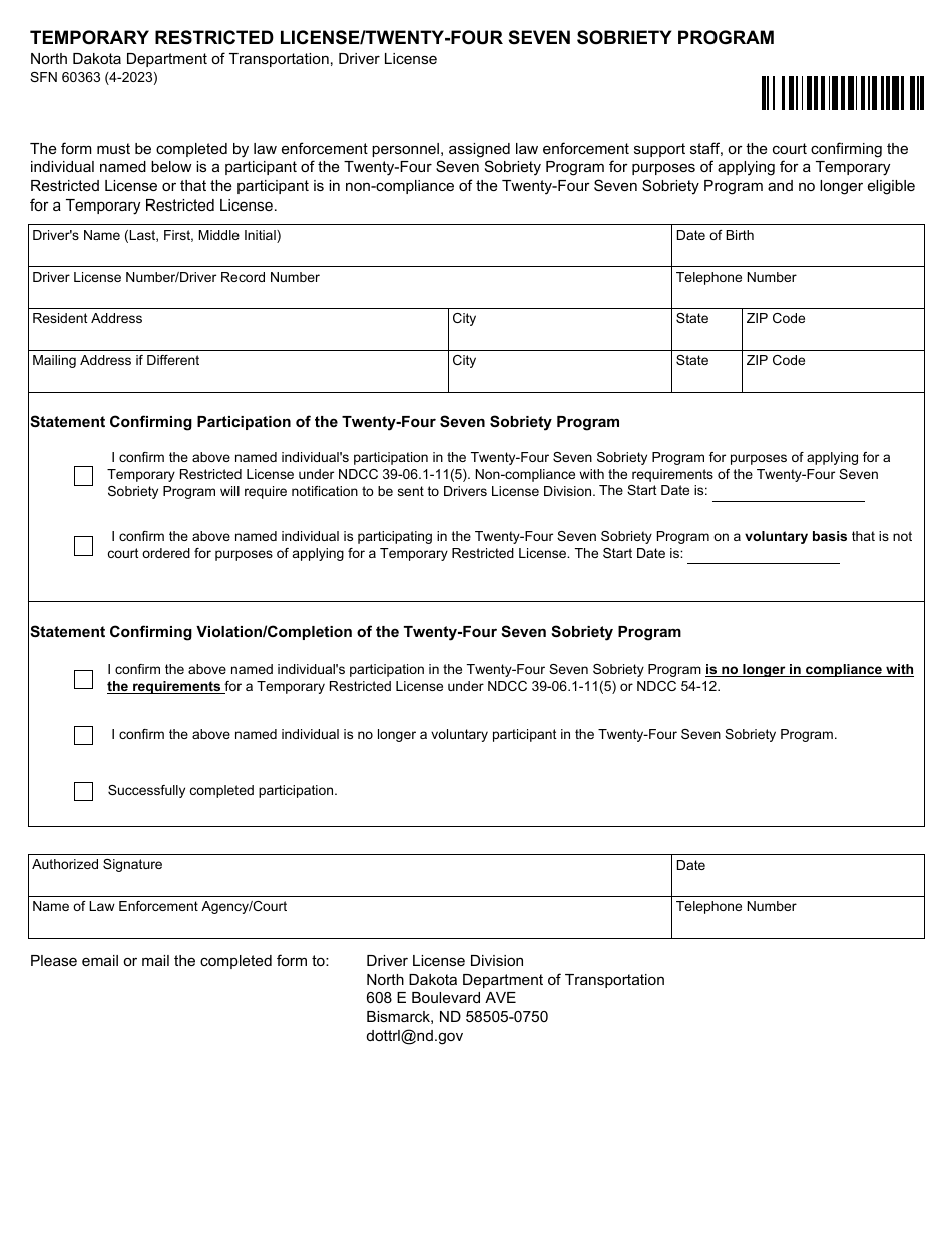 Form SFN60363 Temporary Restricted License / Twenty-Four Seven Sobriety Program - North Dakota, Page 1