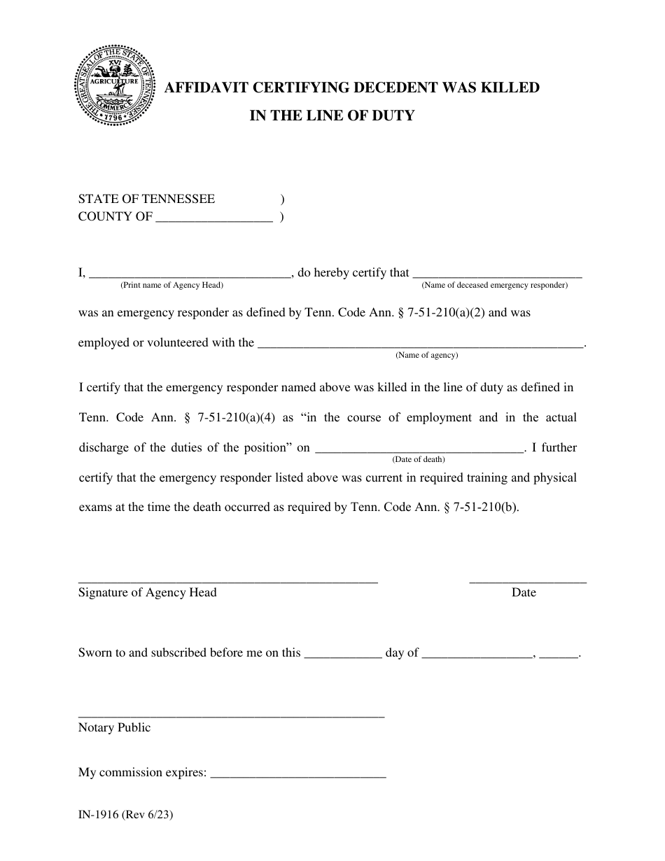 Form IN-1916 Affidavit Certifying Decedent Was Killed in the Line of Duty - Tennessee, Page 1