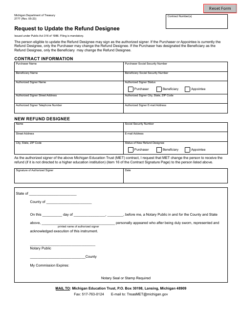 Form 2777 Request to Update the Refund Designee - Michigan