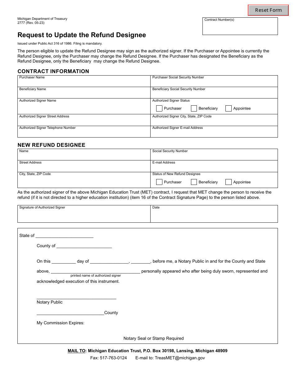 Form 2777 Request to Update the Refund Designee - Michigan, Page 1