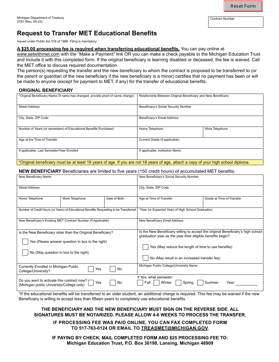 Form 2781 Request to Transfer Met Educational Benefits - Michigan, Page 1