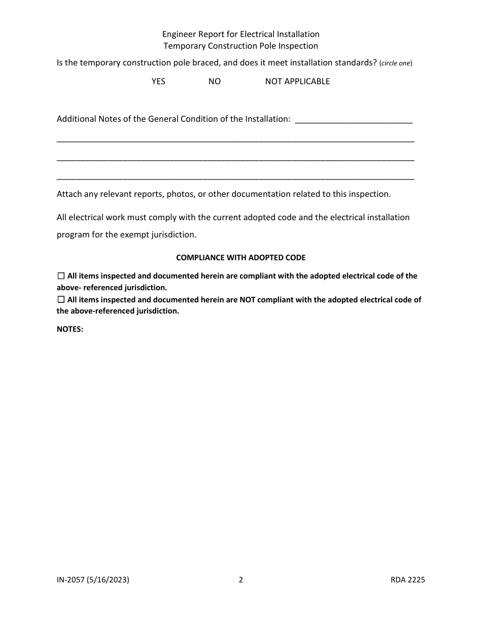Form IN-2057 Engineer Report for Electrical Installation - Temporary Construction Pole Inspection - Tennessee, Page 2
