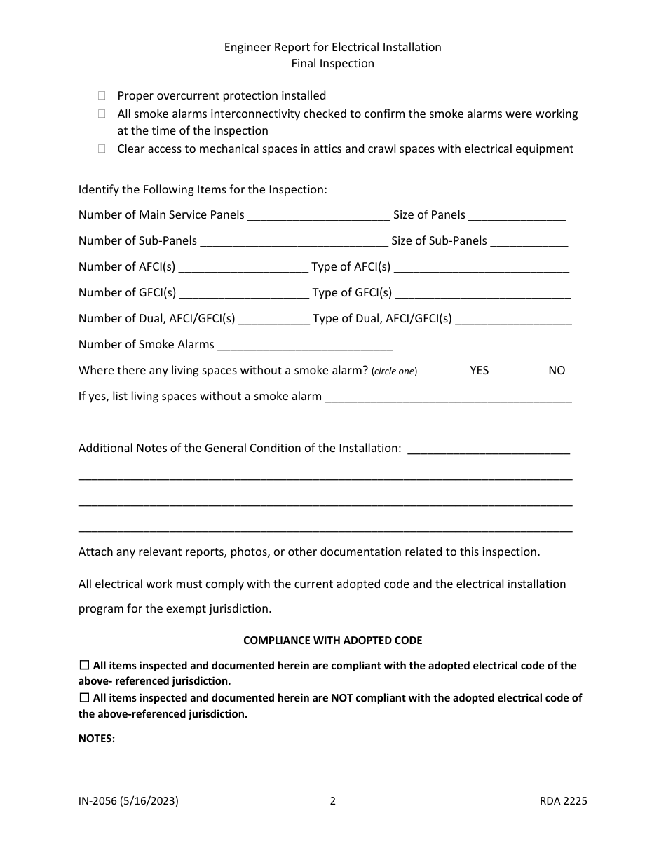Form IN-2056 Engineer Report for Electrical Installation - Final Inspection - Tennessee, Page 2