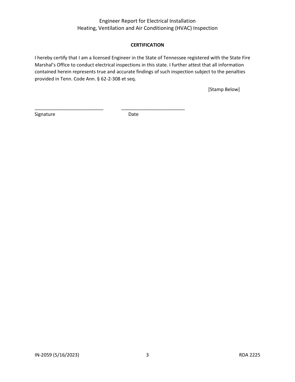 Form IN-2059 Engineer Report for Electrical Installation - Heating, Ventilation and Air Conditioning (HVAC) Inspection - Tennessee, Page 3
