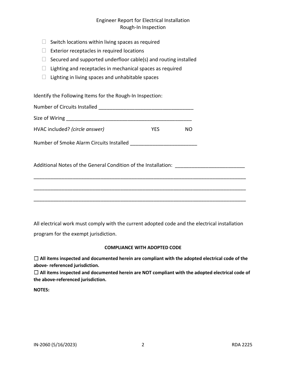 Form IN-2060 Engineer Report for Electrical Installation - Rough-In Inspection - Tennessee, Page 2