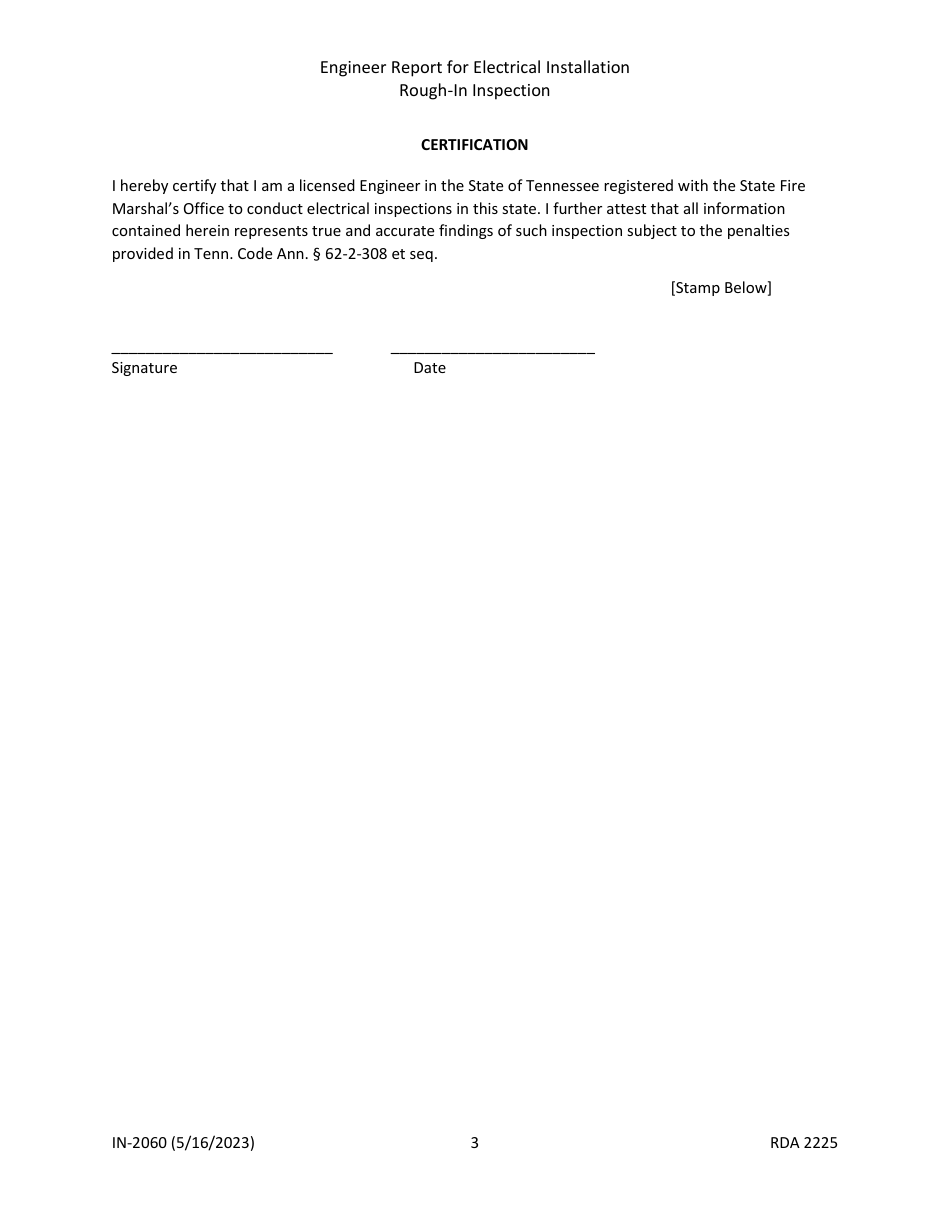 Form IN-2060 Engineer Report for Electrical Installation - Rough-In Inspection - Tennessee, Page 3