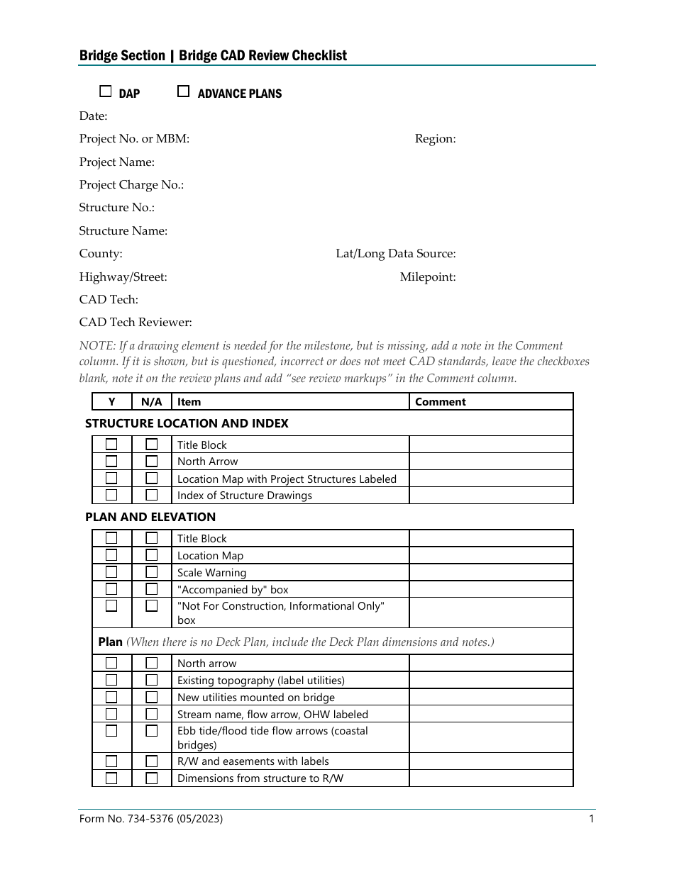 Form 734-5376 Bridge Cad Review Checklist - Oregon, Page 1