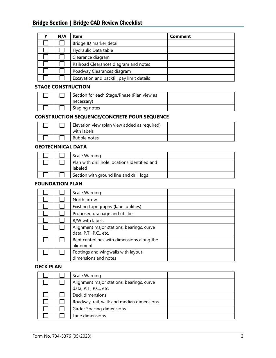 Form 734-5376 Bridge Cad Review Checklist - Oregon, Page 3