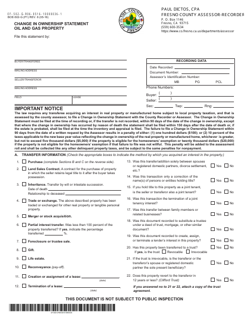 Form BOE-502-G Change in Ownership Statement Oil and Gas Property - County of Fresno, California