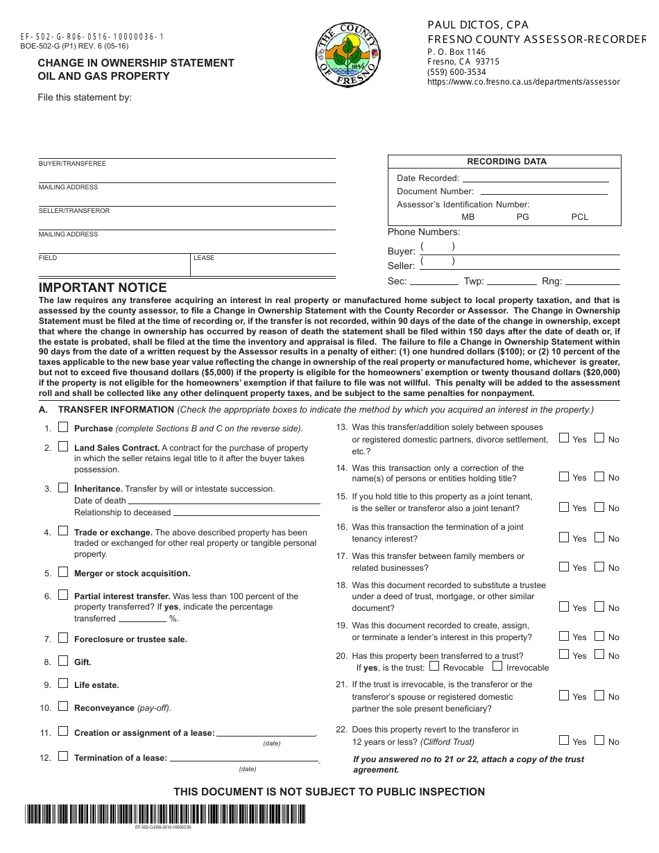 Form BOE-502-G Change in Ownership Statement Oil and Gas Property - County of Fresno, California, Page 1