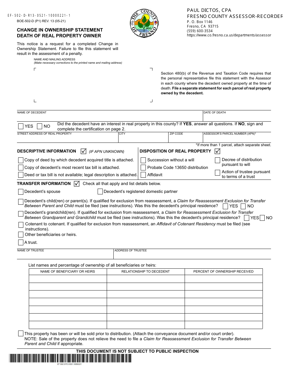 Form BOE-502-D Change in Ownership Statement Death of Real Property Owner - County of Fresno, California, Page 1