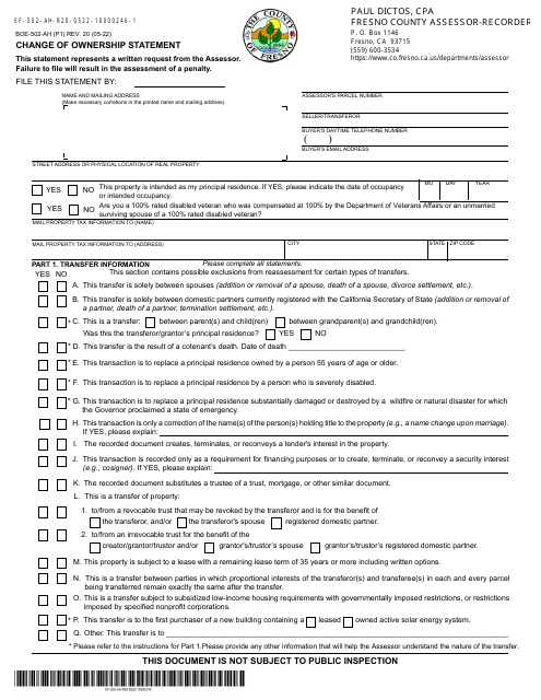 Form BOE-502-AH Change of Ownership Statement - County of Fresno, California