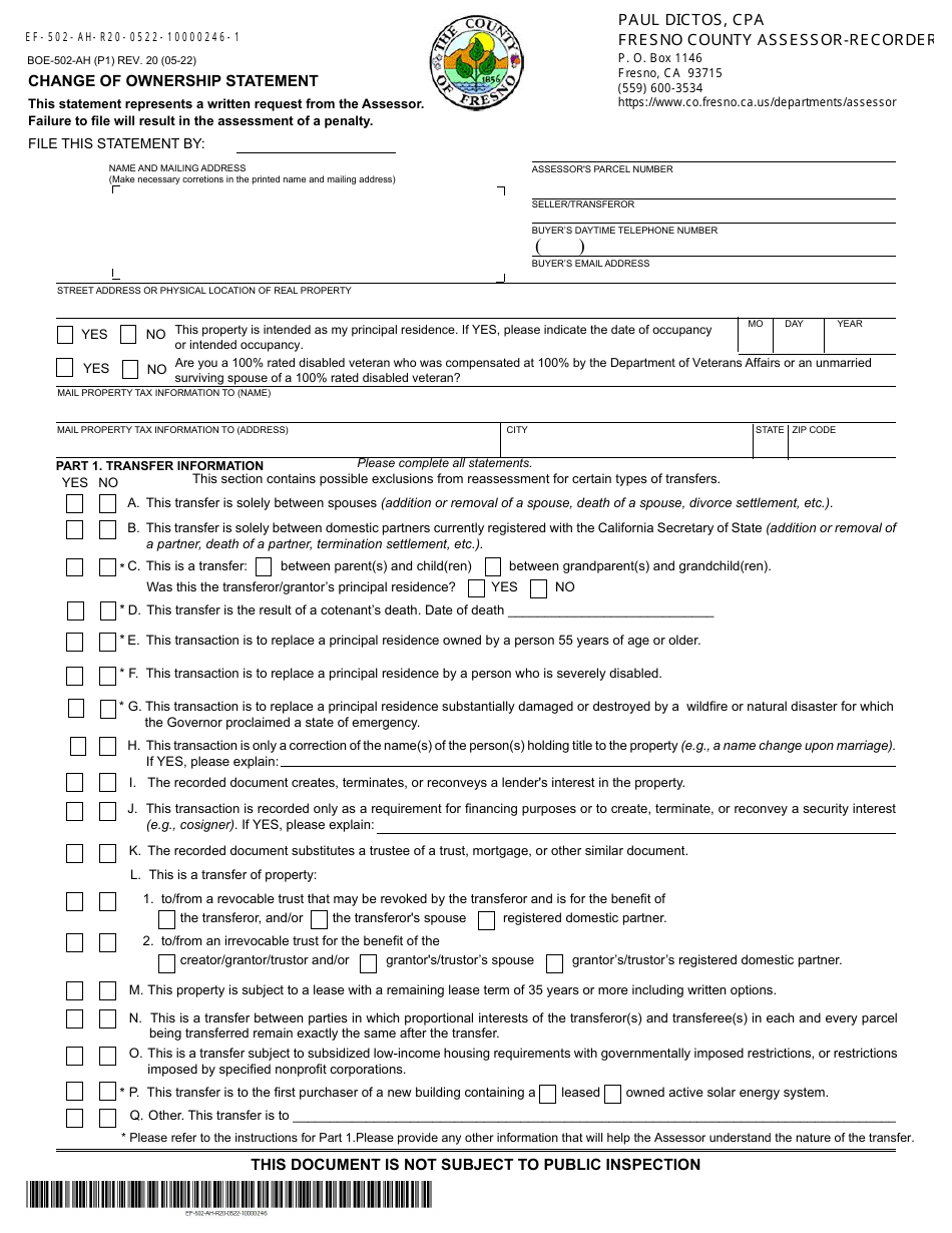 Form BOE-502-AH Change of Ownership Statement - County of Fresno, California, Page 1