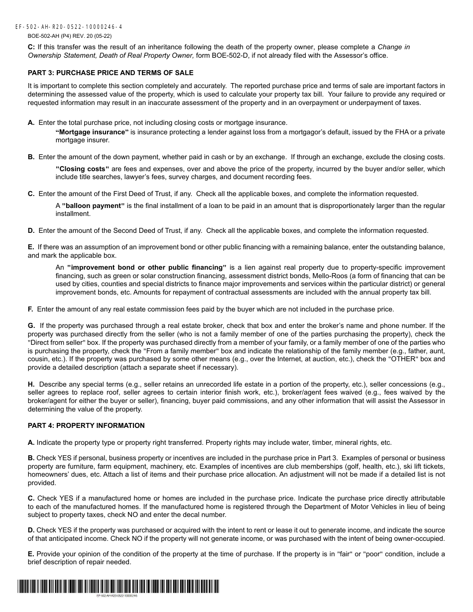 Form BOE-502-AH Change of Ownership Statement - County of Fresno, California, Page 4