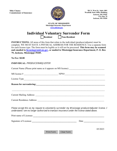 Individual Voluntary Surrender Form - Mississippi Download Pdf