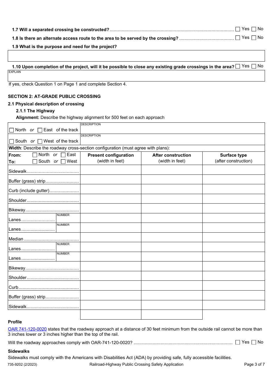 Form 735-9202 Railroad-Highway Public Crossing Safety Application - Oregon, Page 3