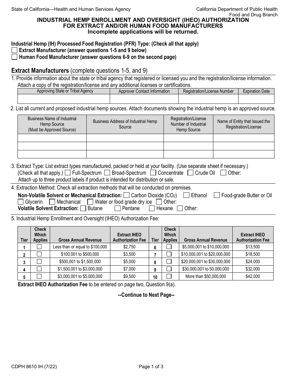 Form CDPH8610 IH Industrial Hemp Enrollment and Oversight (Iheo) Authorization for Extract and / or Human Food Manufacturers - California, Page 1