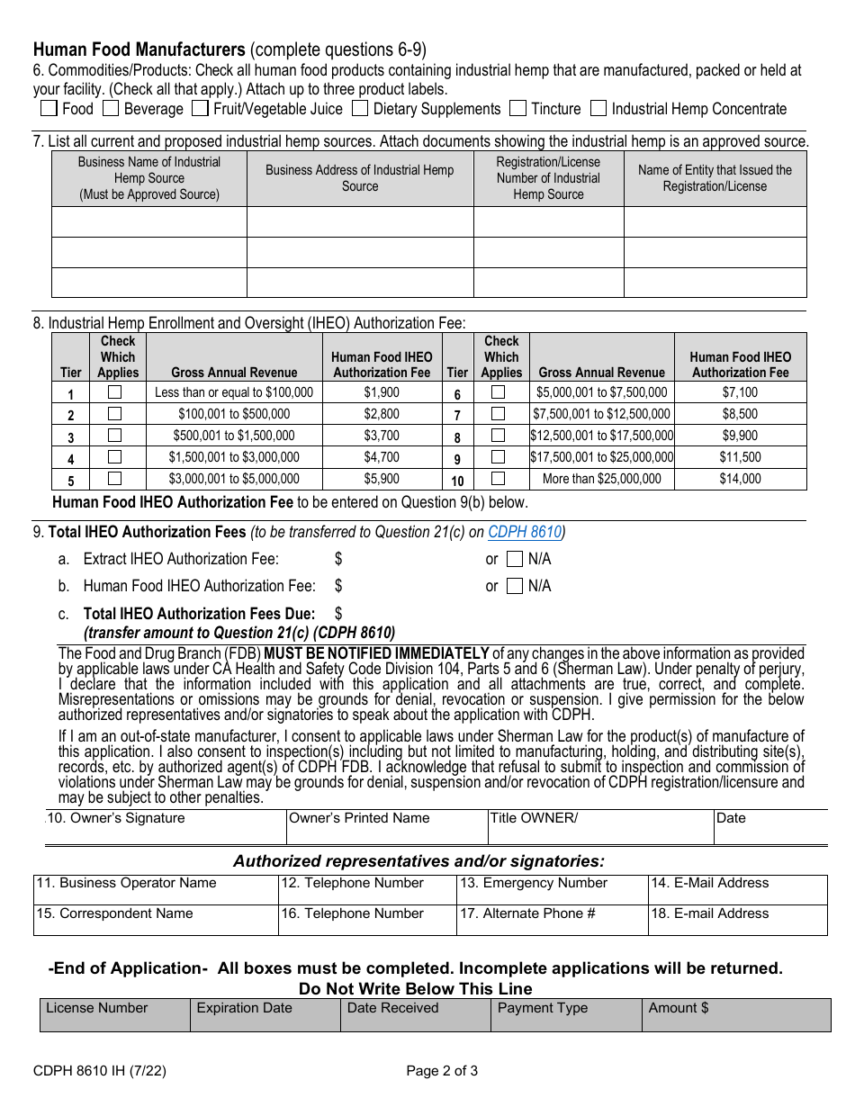 Form CDPH8610 IH Industrial Hemp Enrollment and Oversight (Iheo) Authorization for Extract and / or Human Food Manufacturers - California, Page 2