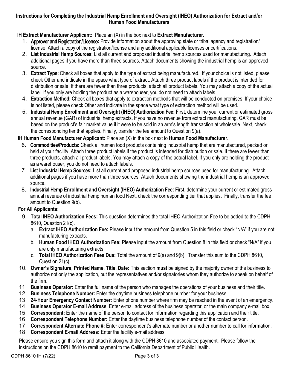 Form CDPH8610 IH Industrial Hemp Enrollment and Oversight (Iheo) Authorization for Extract and / or Human Food Manufacturers - California, Page 3