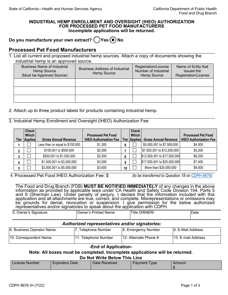 Form CDPH8676 IH Industrial Hemp Enrollment and Oversight (Iheo) Autorization for Processed Pet Food Manufacturers - California, Page 1