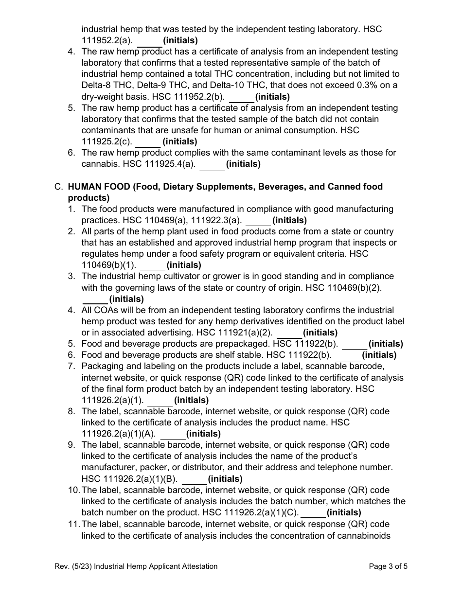 Form CDPH8676 IH Industrial Hemp Enrollment and Oversight (Iheo) Autorization for Processed Pet Food Manufacturers - California, Page 5