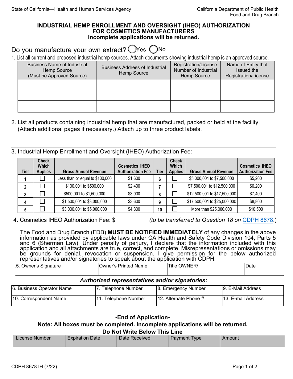 Form CDPH8678 IH Industrial Hemp Enrollment and Oversight (Iheo) Autorization for Cosmetics Manufacturers - California, Page 1