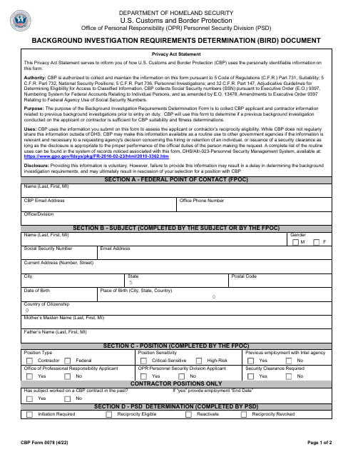 CBP Form 0078 Background Investigation Requirements Determination (Bird) Document