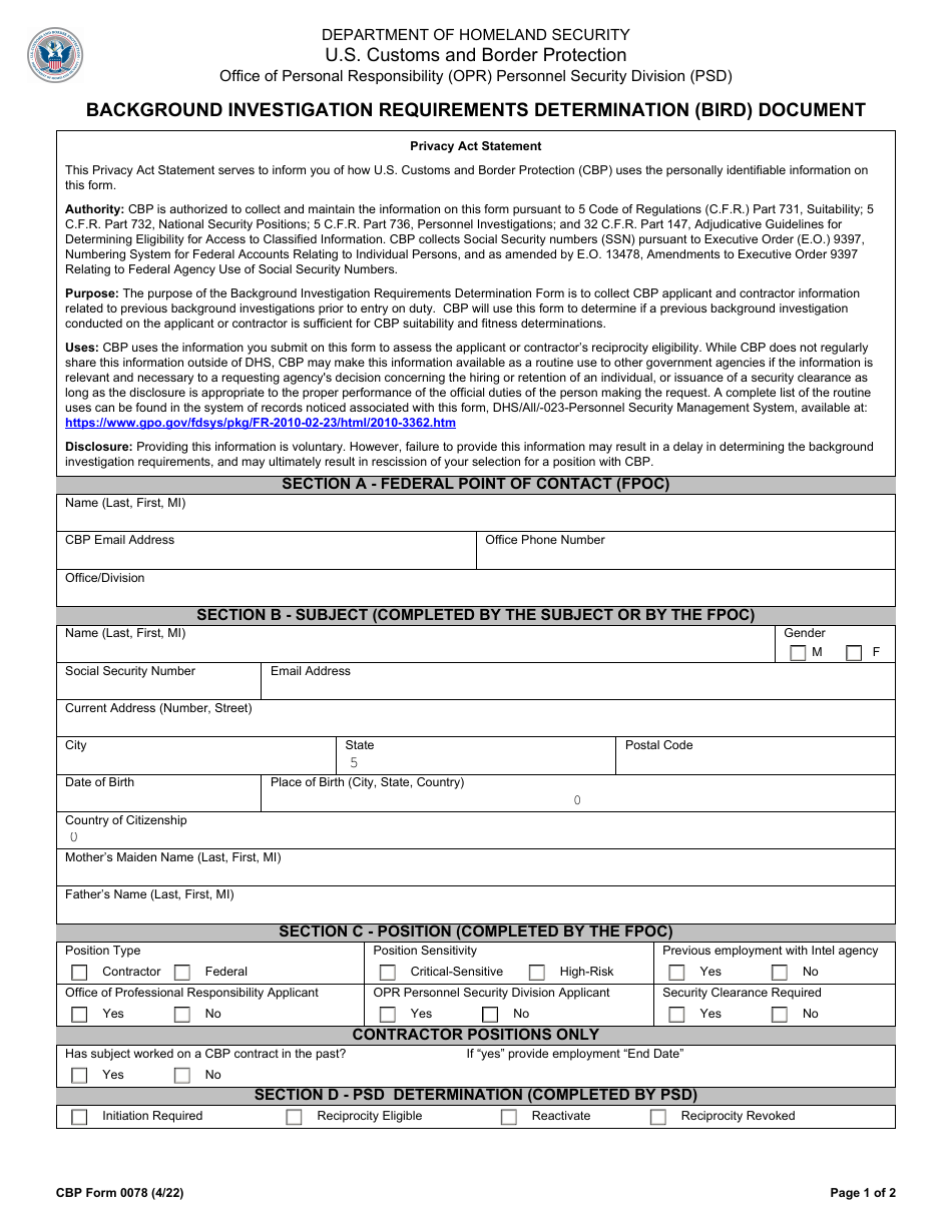 CBP Form 0078 Background Investigation Requirements Determination (Bird) Document, Page 1
